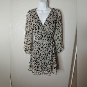 Abercrombie & Fitch Black & Ivory Cream Flirty Sheer Sleeve Wrap Mino Dress